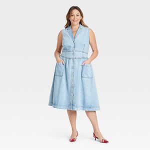 Open Box - Ava & Viv - Women's Denim Midi A-Line Dress - Ava & Light Wash